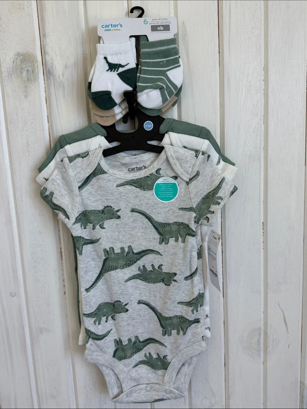 Carter's Heather Gray and Green Dinosaur Short Sleeve Onesie Set